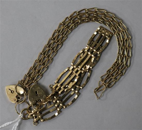 A 9ct gold gate-link bracelet and a similar bracelet.